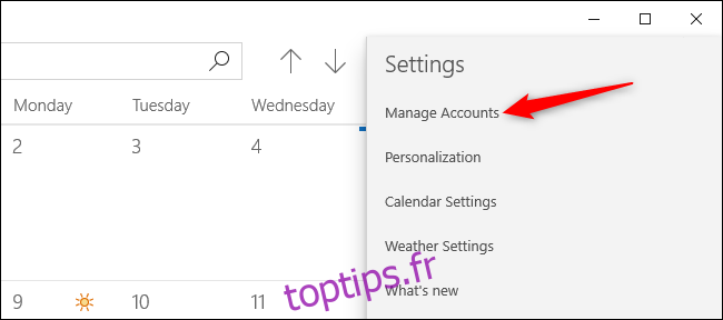 Gestion des comptes dans l'application Calendrier de Windows 10.