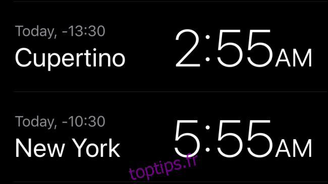 L'heure locale de Cupertino et New York dans l'application Horloge.