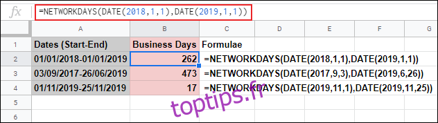 La fonction JOURS DE RÉSEAU dans Google Sheets, calculant les jours ouvrables entre deux dates et ignorant le samedi et le dimanche à l'aide d'une formule DATE imbriquée