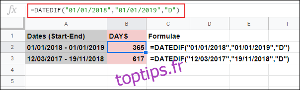 La fonction DATEDIF dans Google Sheets, calculant le nombre de jours entre deux dates fixes utilisées dans la formule