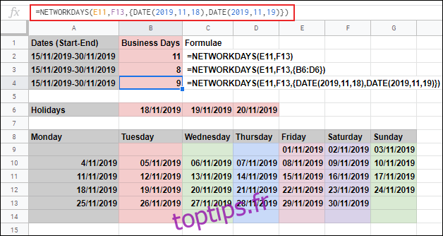 La fonction JOURS DE RÉSEAU dans Google Sheets, calculant les jours ouvrables entre deux dates et ignorant le samedi et le dimanche, les jours fériés supplémentaires étant exclus