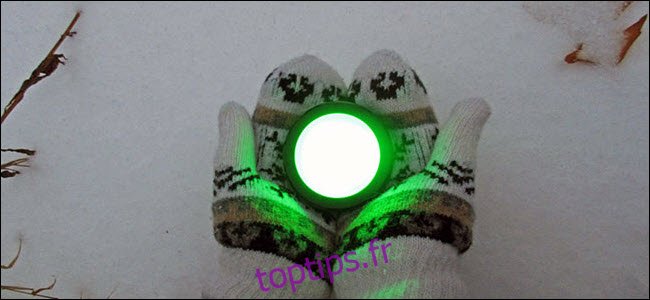 Une paire de mains gantées tenant un bouton Echo vert brillant sur la neige.
