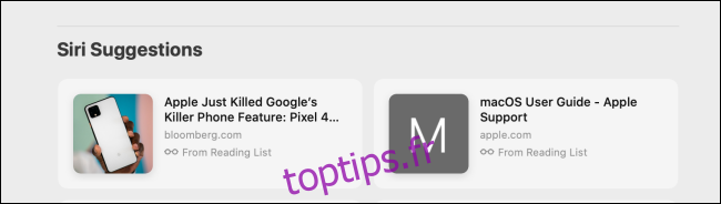 Section Suggestions Siri dans Safari sur Mac