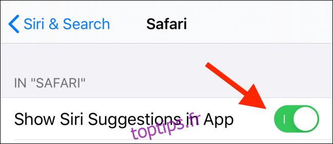 Appuyez sur bascule à côté de Afficher les suggestions Siri dans l'application