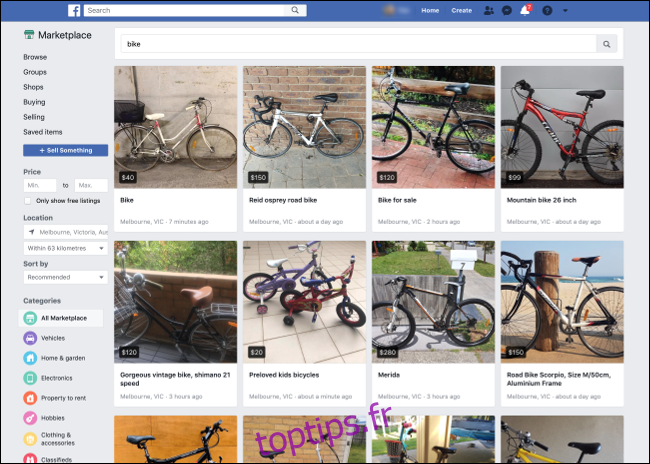 Recherche de vélos sur Facebook Marketplace