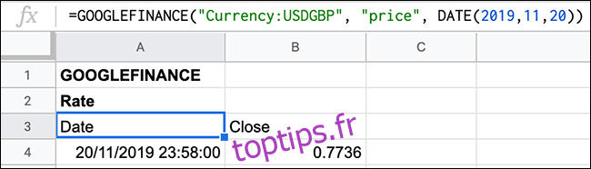 Un taux de change historique pour un jour affiché dans Google Sheets à l'aide de la fonction GOOGLEFINANCE