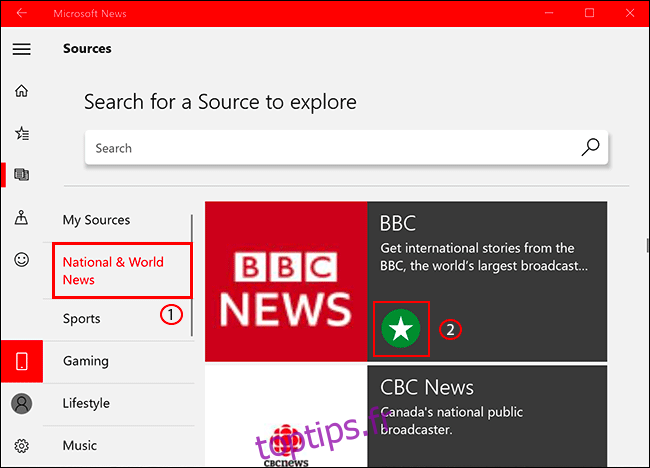 Pour ajouter ou supprimer une source d'actualités dans Microsoft News, cliquez sur l'onglet Sources, puis sélectionnez votre source d'actualités, en cliquant sur l'icône étoile pour l'ajouter / la supprimer