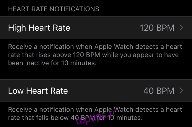 Notifications de fréquence cardiaque haute et basse sur Apple Watch