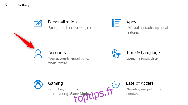 Ouverture de comptes dans l'application Paramètres de Windows 10.