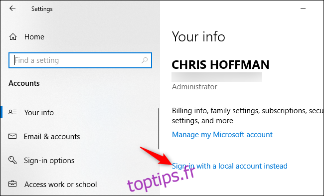 Conversion d'un compte Microsoft en compte local sur Windows 10.