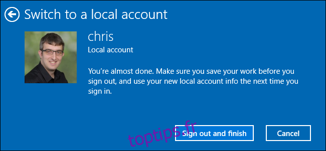 Déconnexion pour convertir un compte Microsoft en compte local sur Windows 10.