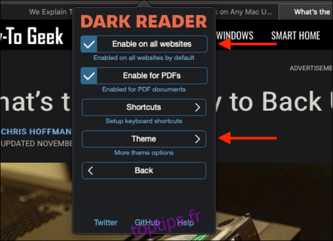 Paramètres de Dark Reader dans Safari