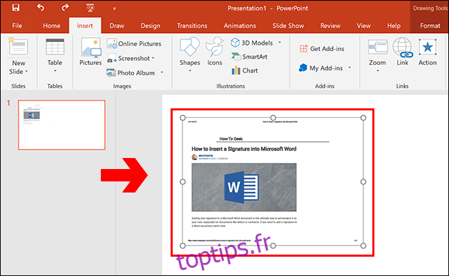 Un document PDF inséré en tant qu'objet dans une présentation Microsoft PowerPoint