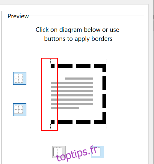 Dans vos paramètres de bordure de page Microsoft Word, cliquez sur les lignes de bordure individuelles dans les sections Aperçu pour ajouter / supprimer chaque ligne