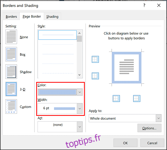 Pour modifier la largeur ou la couleur de la bordure dans Microsoft Word, sélectionnez les options que vous avez choisies dans les menus déroulants Couleur et Largeur du menu d'options Bordure de page
