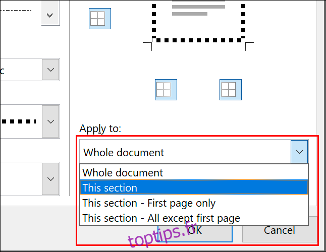 Pour appliquer une bordure de page à des pages individuelles, sélectionnez l'option appropriée dans le 