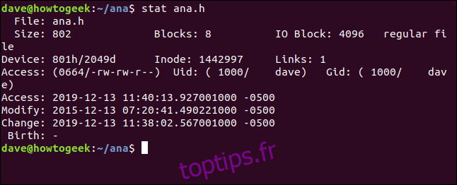 stat ana.h dans une fenêtre de terminal