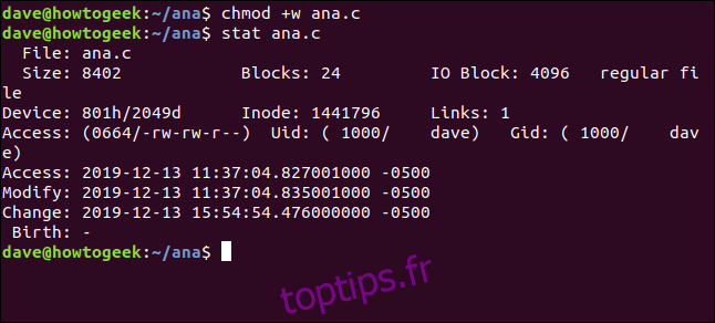 chnod + w ana.c dans une fenêtre de terminal