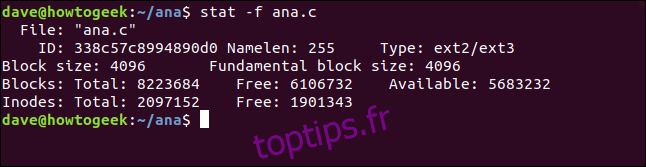 stat -f ana.c dans une fenêtre de terminal