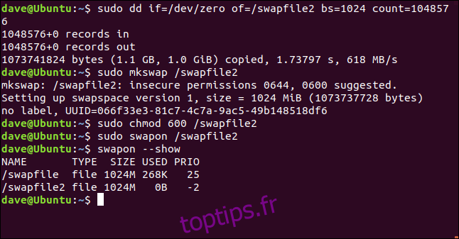 sudo dd if = / dev / zero / of = / swapfile2 bs = 1024 count = 104857 dans une fenêtre de terminal