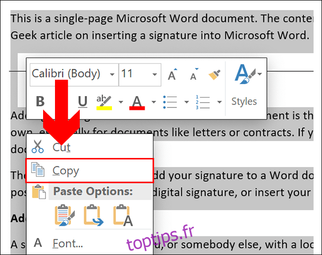 Pour copier dans un document Word, sélectionnez votre contenu, puis appuyez sur Ctrl + C ou cliquez avec le bouton droit et cliquez sur Copier