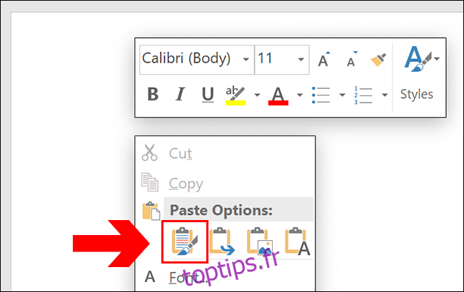 Pour coller dans Word, appuyez sur Ctrl + V ou cliquez avec le bouton droit sur votre page, en cliquant sur l'une des options de collage.