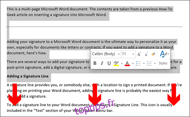 Pour sélectionner manuellement le contenu d'une page Microsoft Word, placez le curseur de votre document au début de la page, puis faites-le glisser vers le bas