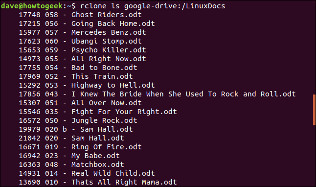 rclone ls google-drive: / LinuxDocs dans une fenêtre de terminal