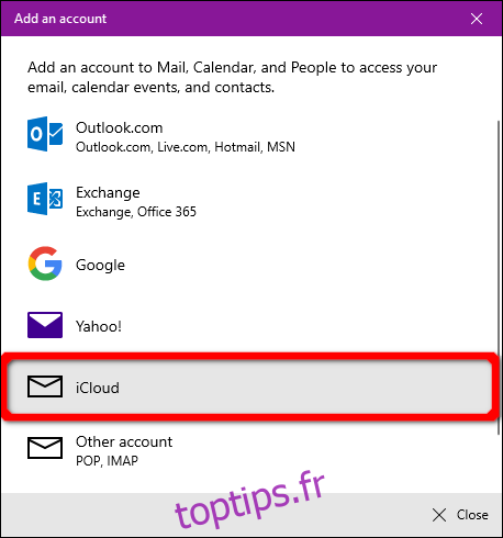 Compte iCloud de l'application Windows Mail
