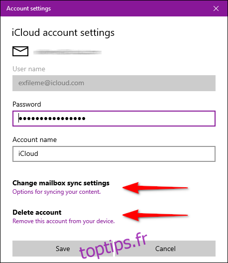 Paramètres du compte Windows Mail iCloud