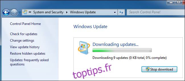 Téléchargement des mises à jour à partir de Windows Update sur Windows 7.
