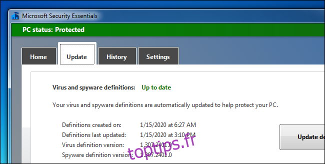 Microsoft Security Essentials reçoit toujours des mises à jour de définition sur Windows 7.