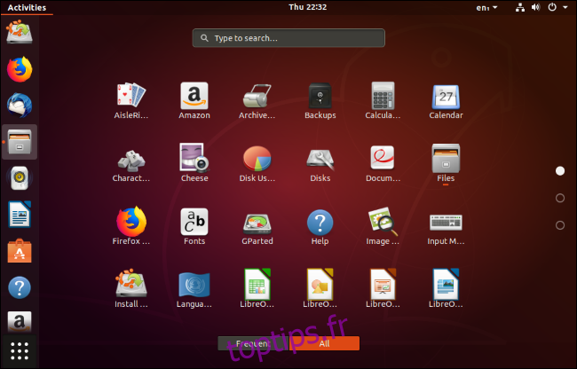Une liste des applications installées par défaut sur un bureau Ubuntu.