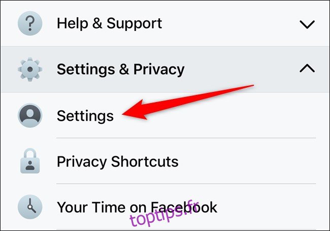 Paramètres de sélection de l'application Facebook Apple iPhone