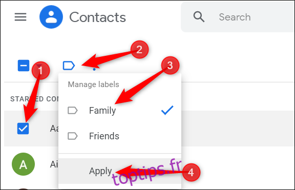 Ajoutez des contacts à un groupe existant. Cliquez sur le contact, cliquez sur l'icône d'étiquette bleue, sélectionnez le groupe, puis cliquez sur 