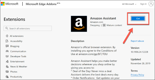 Cliquez sur Obtenir pour installer une extension Microsoft Edge à partir du Microsoft Store