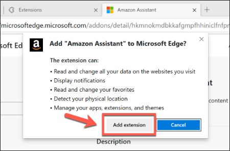 Cliquez sur Ajouter une extension pour autoriser l'installation d'une extension dans Microsoft Edge