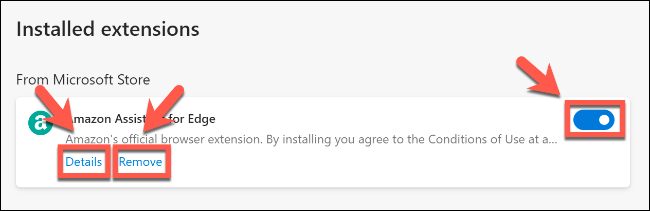 Sur la page des extensions Edge, cliquez sur les détails pour plus d'informations ou pour accéder à plus de paramètres, supprimer pour supprimer une extension ou le curseur pour la désactiver / l'activer