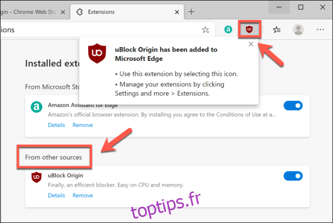 Extensions Google Chrome installées sur Microsoft Edge, répertoriées sur la page Extensions