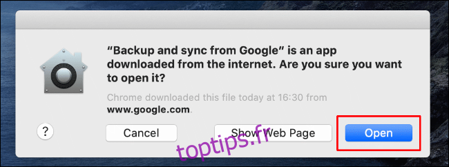 Cliquez sur Ouvrir pour permettre à la sauvegarde et à la synchronisation de Google Drive de se lancer sur votre Mac