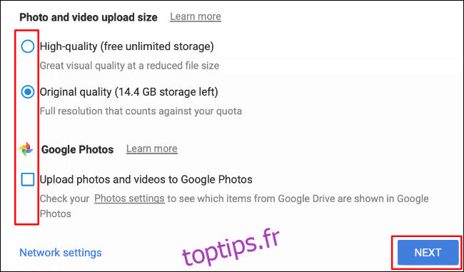 Choisissez la taille de téléchargement de vos photos et vidéos et si vous souhaitez les télécharger sur Google Photos, puis cliquez sur Suivant