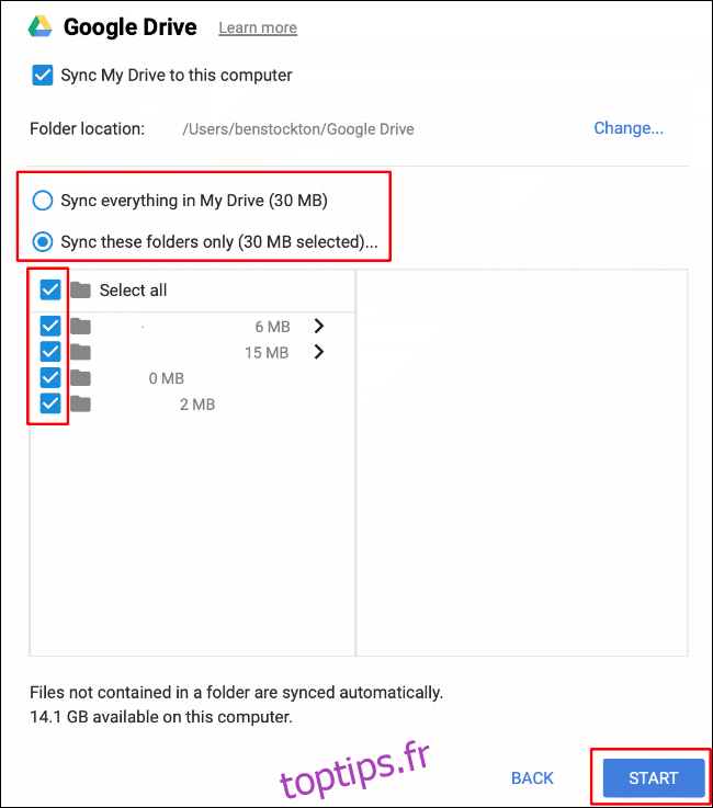 Sélectionnez les options de synchronisation de vos dossiers, puis cliquez sur Démarrer pour commencer la synchronisation des fichiers entre votre stockage Google Drive et votre Mac