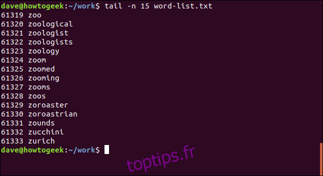 tail -n 15 word-list.txt dans une fenêtre de terminal