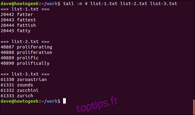 tail -n 4 list-1.txt list-2.txt list-3.txt dans une fenêtre de terminal