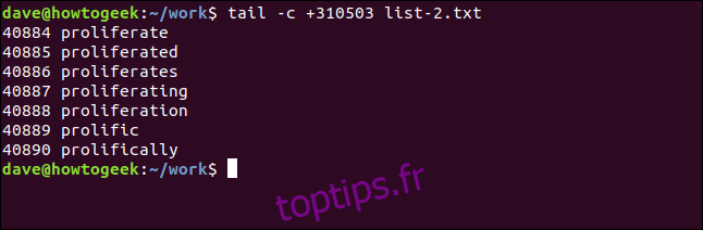 tail -c +351053 list-e.txt dans une fenêtre de terminal
