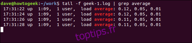 queue -f geek-1.log | grep moyenne dans une fenêtre de terminal