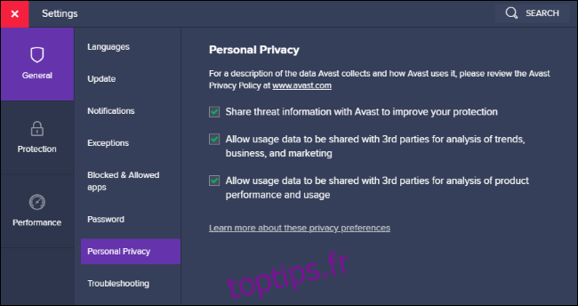 Options de partage des données de confidentialité personnelles dans Avast.