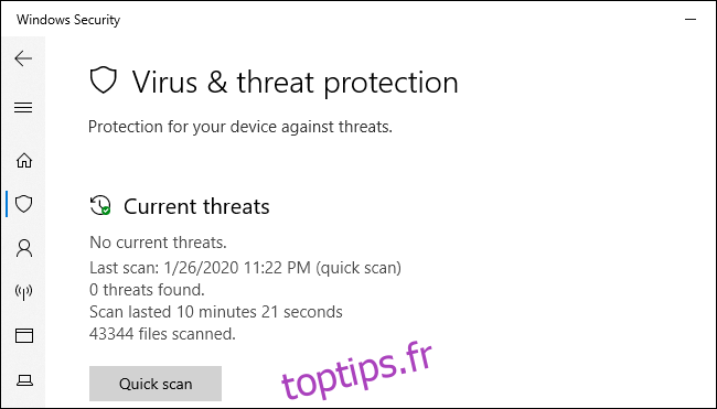 L'écran de protection contre les virus et les menaces de sécurité Windows sur Windows 10