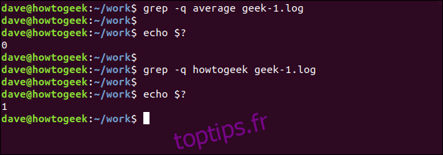 grep -q average geek-1.log dans une fenêtre de terminal