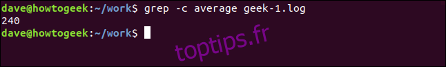 grep -c average geek-1.log dans une fenêtre de terminal